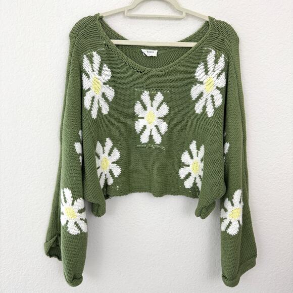 Storia Womens Pullover Knit Sweater Size S Flower Daisy Boho Hippie Casual Green - Picture 1 of 6